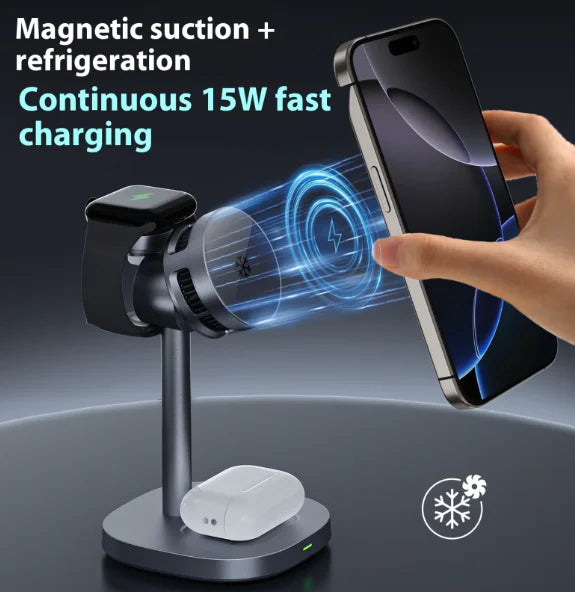3-in-1 Magnetic Fast Charging Desktop Stand with Semiconductor Cooling, 15W Wireless, Foldable