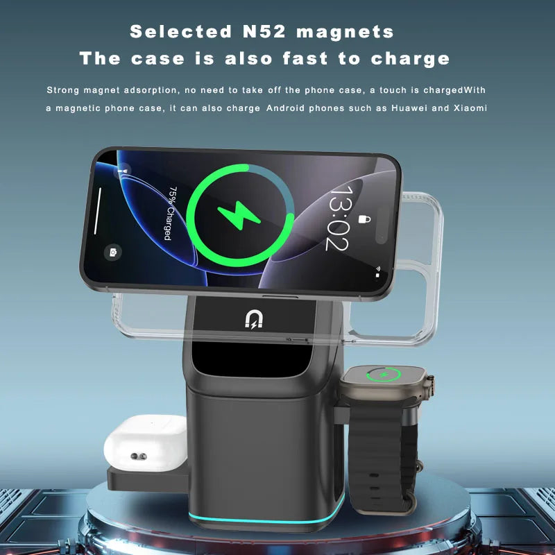 3 in 1 Charging Station iPhone Mag-Safe Charger, Rotating Wireless Charger Stand for iPhone 12~16 Series,iWatch, AirPods