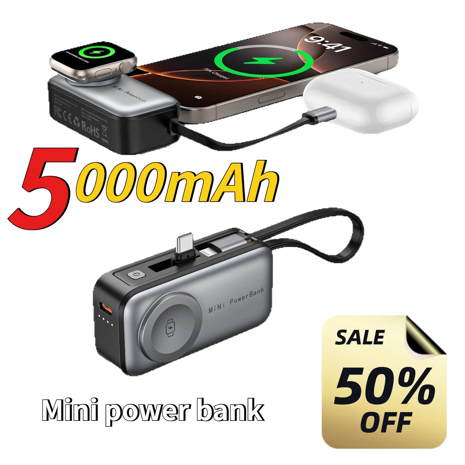 5000mAh Mini Magnetic Power Bank with Bracket Digital Display Portable External Battery for Iphone Xiaomi Watch Earphone Phone