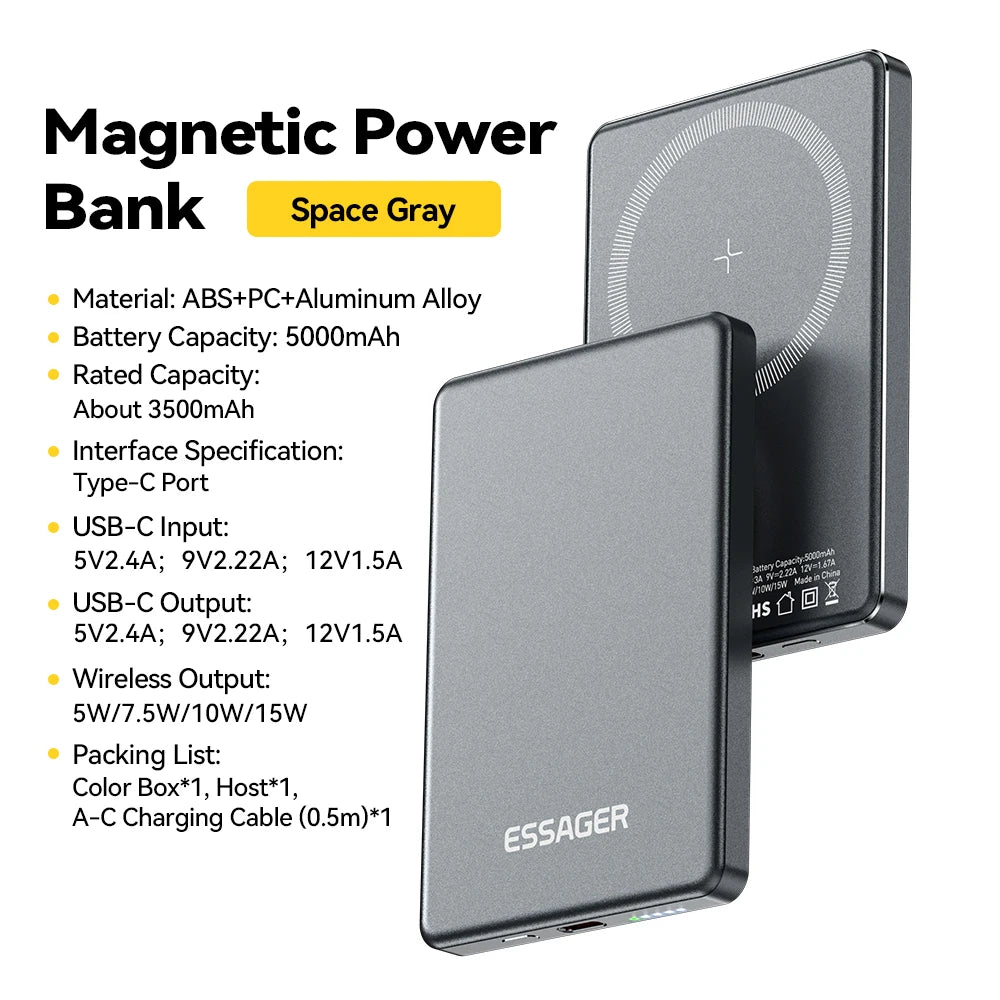 Essager Thin Wireless Power Bank Magnetic 20W 5000mAh Portable Fast Charging External Battery for Magsafe For iPhone 17 16 15 14