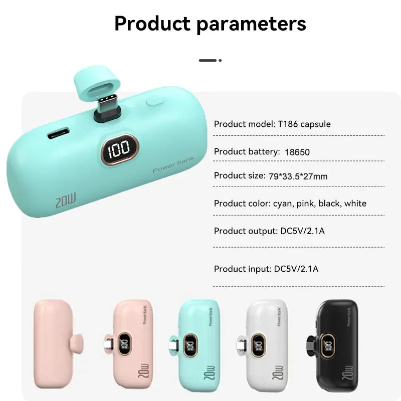 Portable Mobile Charger Mini Power Bank Built Cable Fast Charger Battery Capsule Power bank 10000/5000mAh For iPhone Type-C