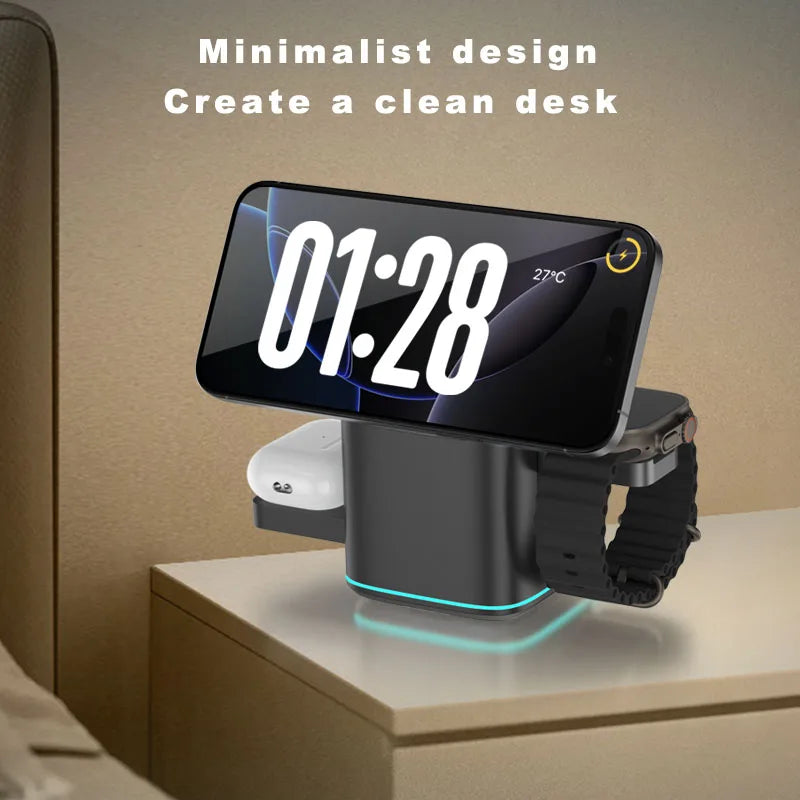 3 in 1 Charging Station iPhone Mag-Safe Charger, Rotating Wireless Charger Stand for iPhone 12~16 Series,iWatch, AirPods