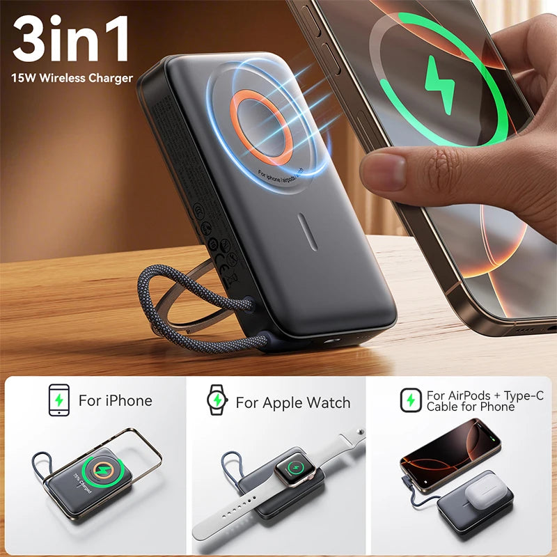 3 in 1 Magnetic Power Bank 22.5W Fast Charging Power Bank 10000mAh Wireless Portable Charger For iPhone 12-16 For AirPods Watch
