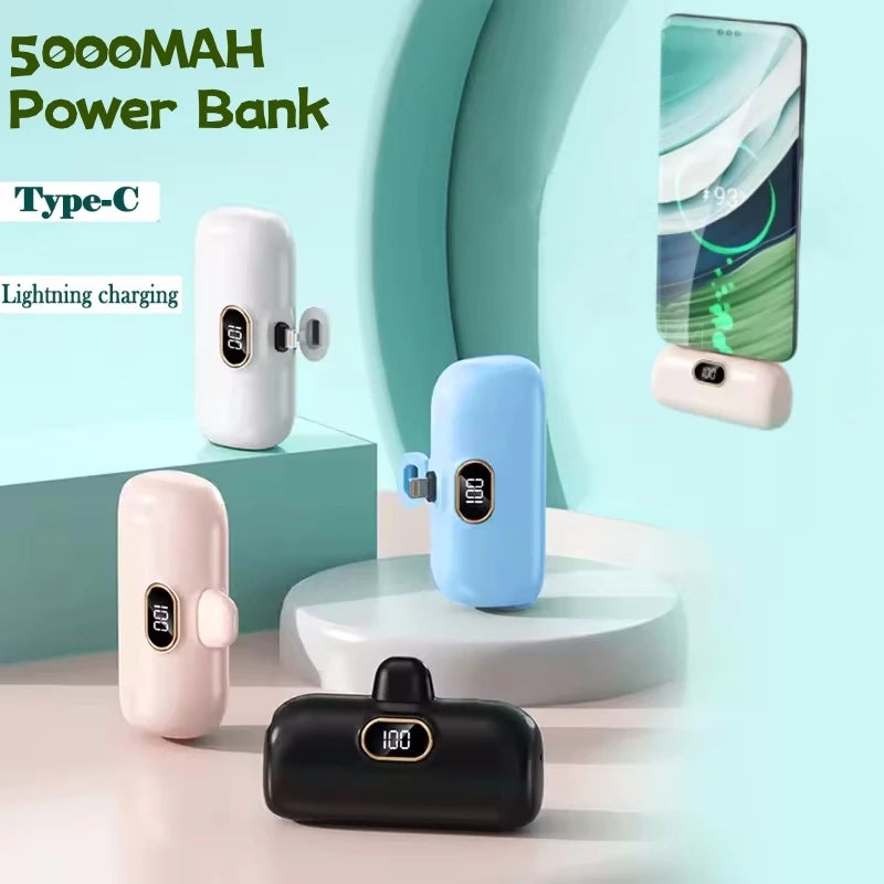 Portable Mobile Charger Mini Power Bank Built Cable Fast Charger Battery Capsule Power bank 10000/5000mAh For iPhone Type-C