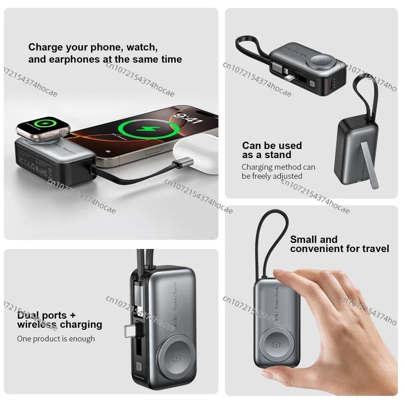 Portability, hand-held three-in-one wireless power bank with cable