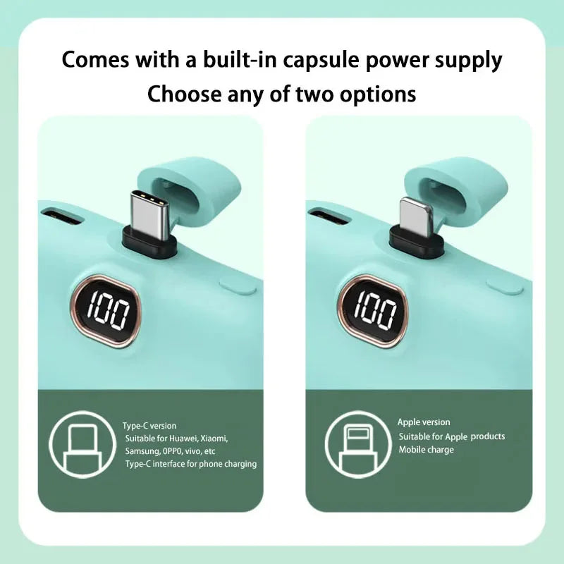 Portable Mobile Charger Mini Power Bank Built Cable Fast Charger Battery Capsule Power bank 10000/5000mAh For iPhone Type-C