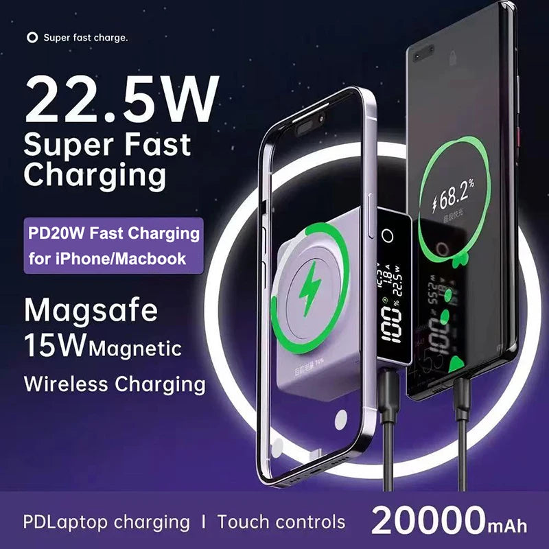 20000mAh Magsafe Power Bank Touch Screen Magnetic Wireless 22.5W Fast Charger For iPhone 16 Macbook Samsung S25 Xiaomi Powerbank
