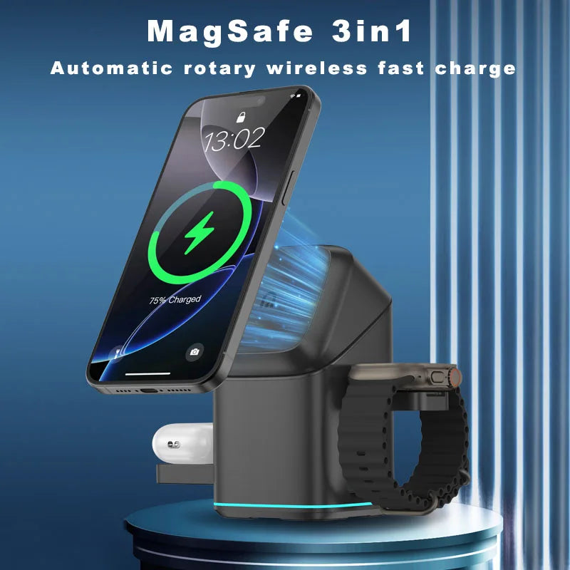 3 in 1 Charging Station iPhone Mag-Safe Charger, Rotating Wireless Charger Stand for iPhone 12~16 Series,iWatch, AirPods