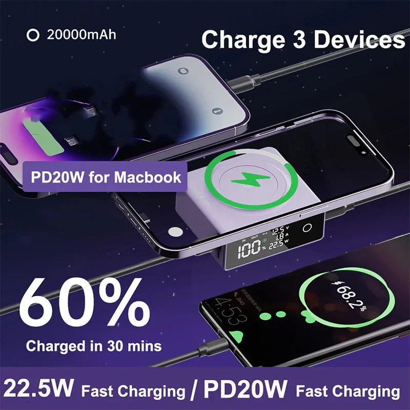 20000mAh Magsafe Power Bank Touch Screen Magnetic Wireless 22.5W Fast Charger For iPhone 16 Macbook Samsung S25 Xiaomi Powerbank