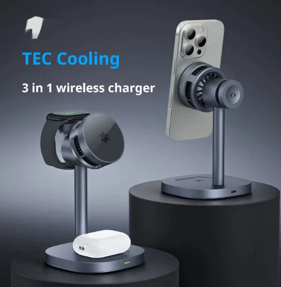 3-in-1 Magnetic Fast Charging Desktop Stand with Semiconductor Cooling, 15W Wireless, Foldable